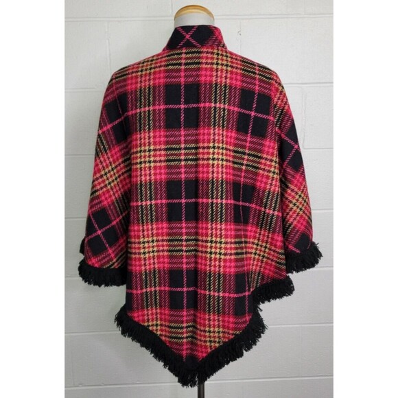 Vintage Dutchmaid Pink Red Plaid Wool Tweed Poncho w. Fringe Jr. Miss 16-18 - Picture 5 of 8